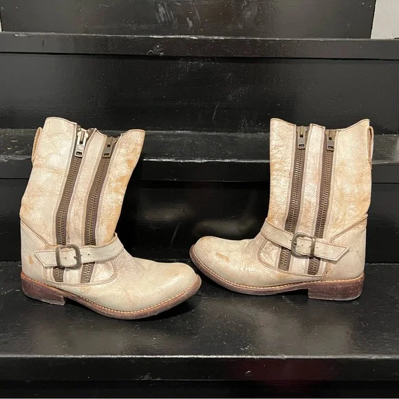 Bed Stu white / cream moto double zip mid- calf boots sz 8 - Picture 10 of 12